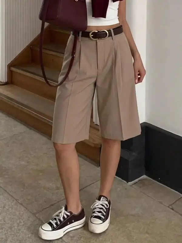Refined High-Waist Pleated Casual Shorts