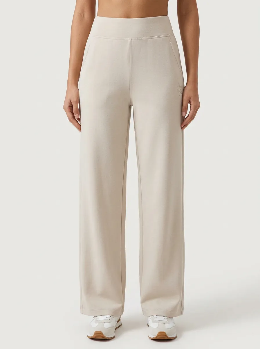 Women's Minimalist Solid Beige Leaf Embroidered Wide Leg Pants