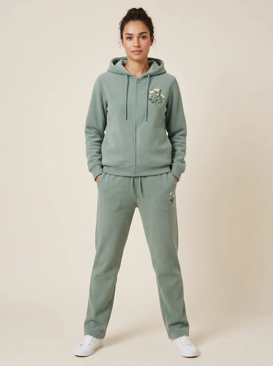 Women's Floral Embroidered Zip-Up Hoodie And Straight-Leg Jogger Set