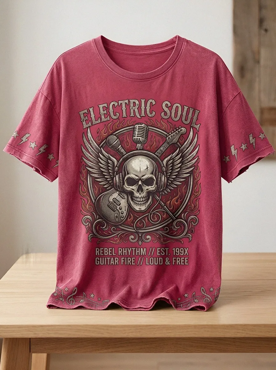 Unisex Rock Music Lover Skull Guitar Flame Printed T-shirt