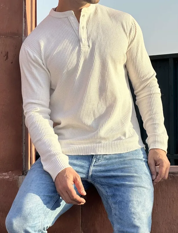 White Long Sleeve V-Neck Casual Henley Top