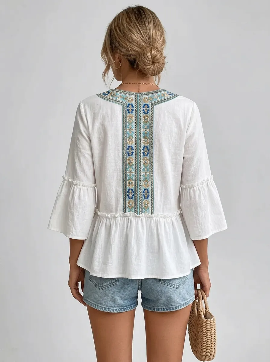 Boho Floral Embroidery Printed Peplum Top