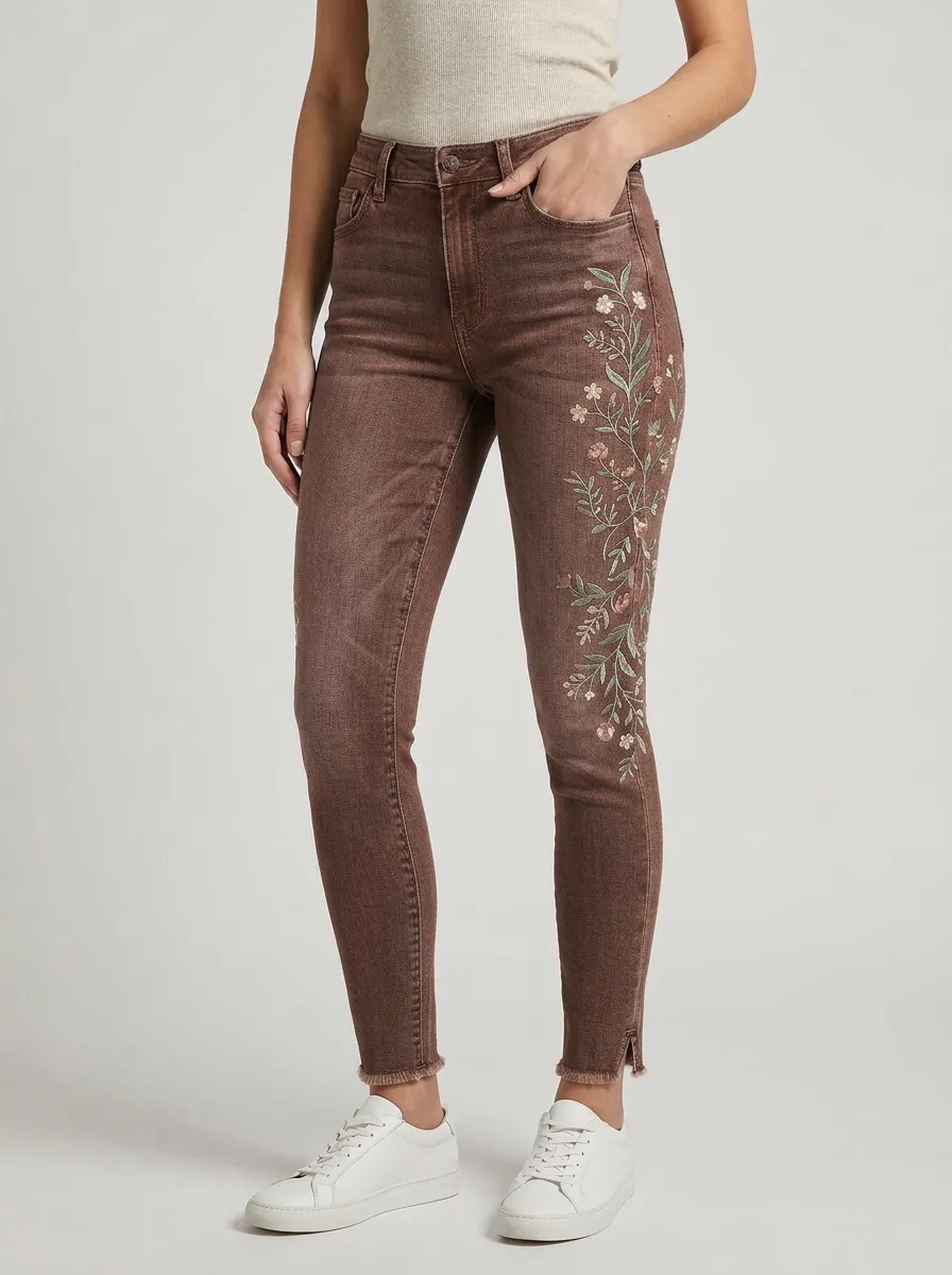 Women's Willow Floral Nature Embroidered Printed Slim Jeans