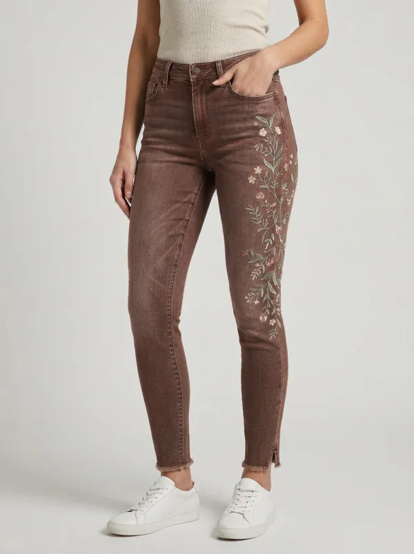 Women's Willow Floral Nature Embroidered Printed Slim Jeans
