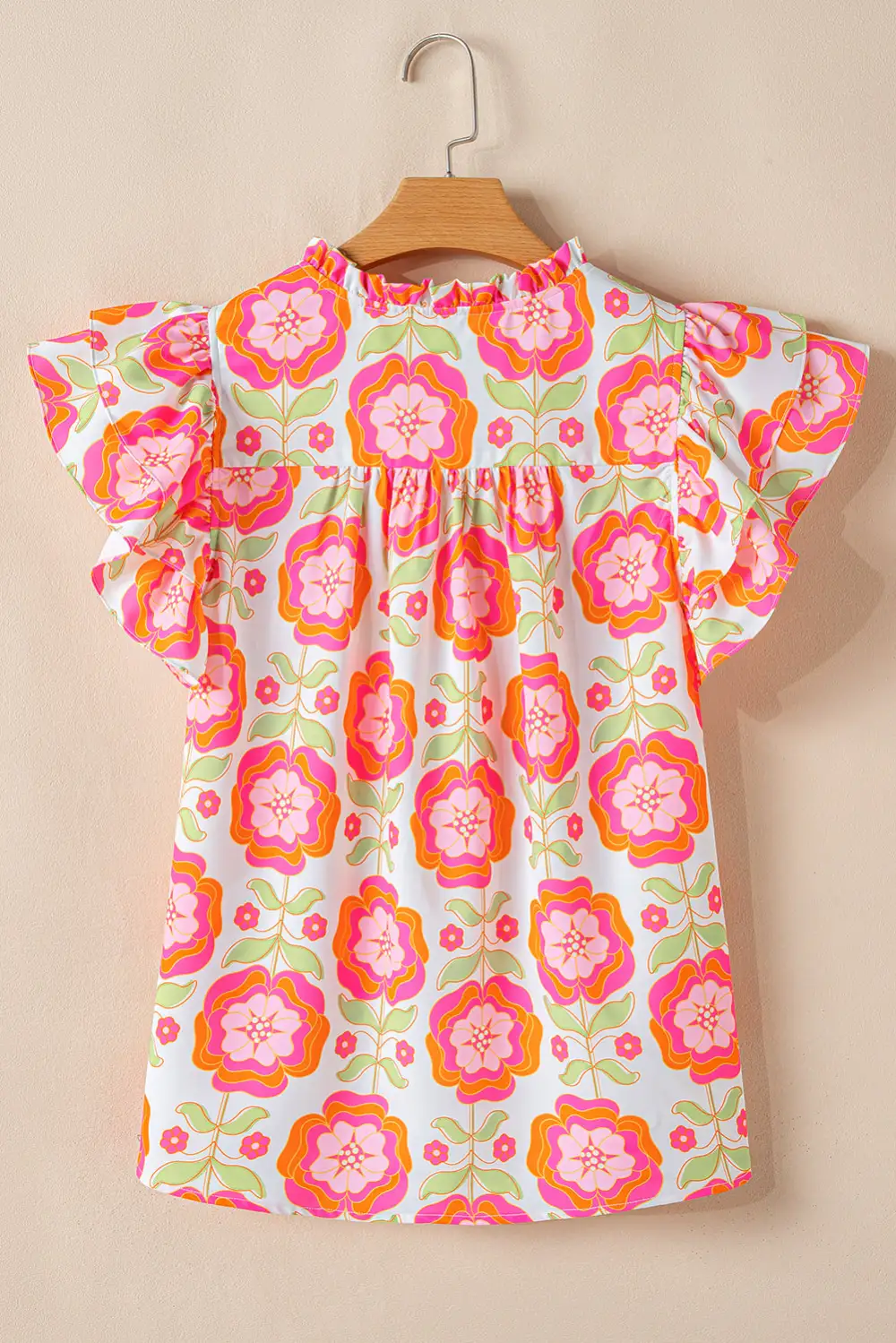 Rose Floral Ruffled Sleeve  Trim Split Neck Loose Blouse