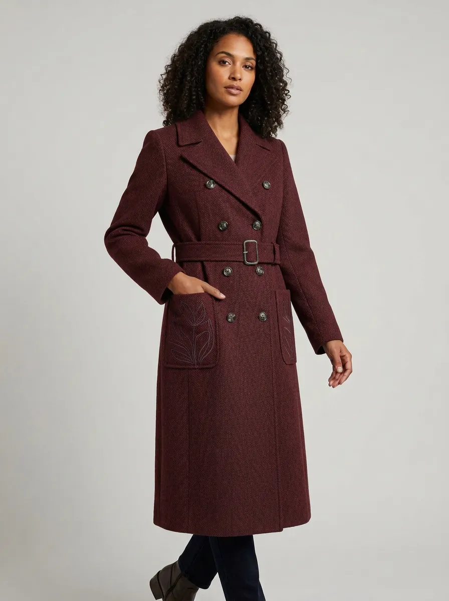 Women's Floral Embroidered Gray Herringbone Belted Trench Coat