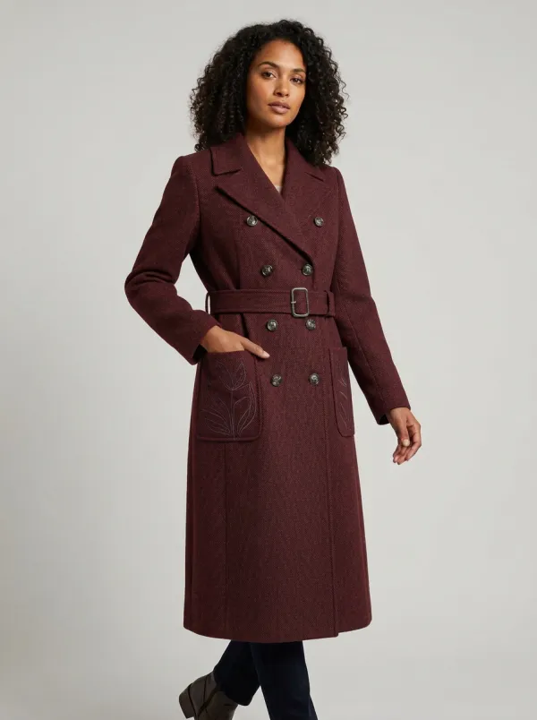 Women's Floral Embroidered Gray Herringbone Belted Trench Coat