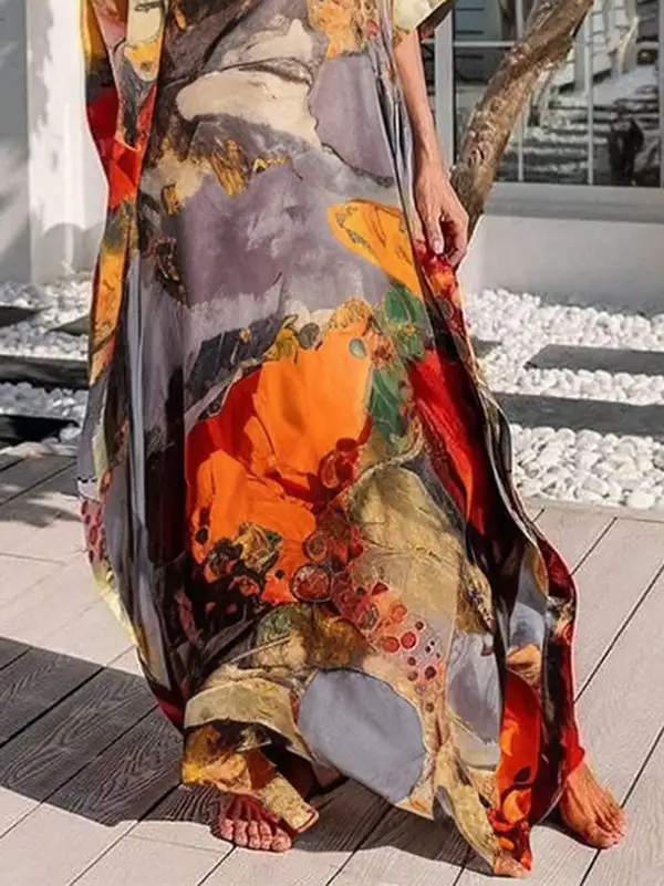 Sleeves Printed Neck Maxi Dress