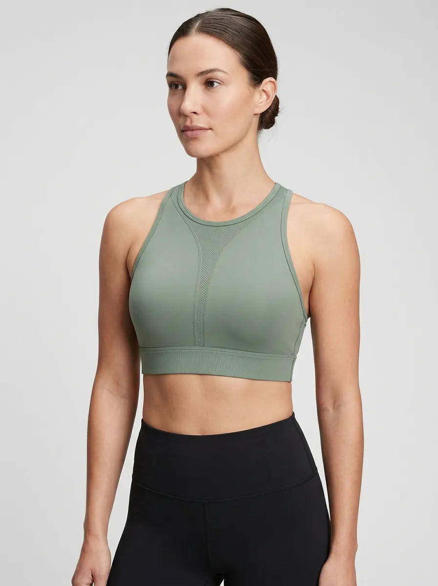 Women's High-Neck Racerback Mesh-Panel Ribbed Sports Bra