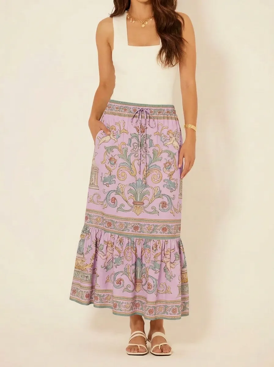 Women's Vintage Baroque Cherub Floral Printed Midi Skirt