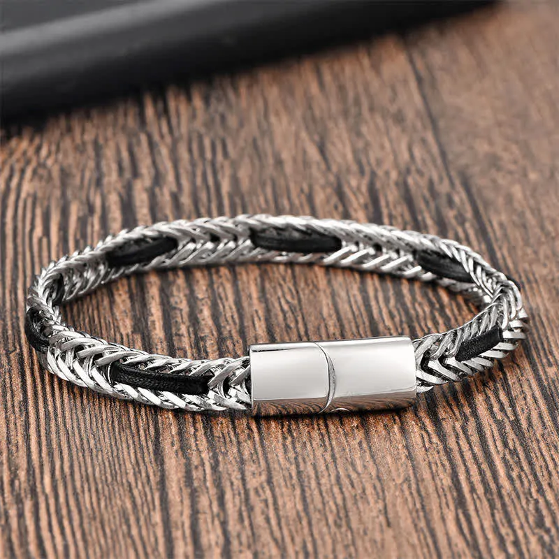 Leather Braided Titanium Steel Double Layer Durability Bracelet