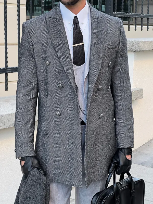 Refined Double Breasted Slim Fit Wool Tailored Coat