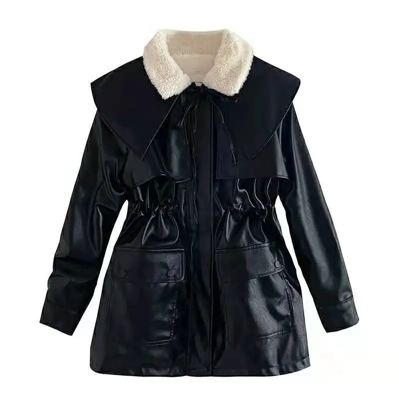 Layered Faux-Leather Leather Casual Outerwear Jacket