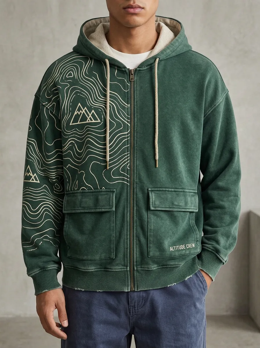 Men's Hiking Outdoor Lover Topographic Mountain Printed Zip Hoodie