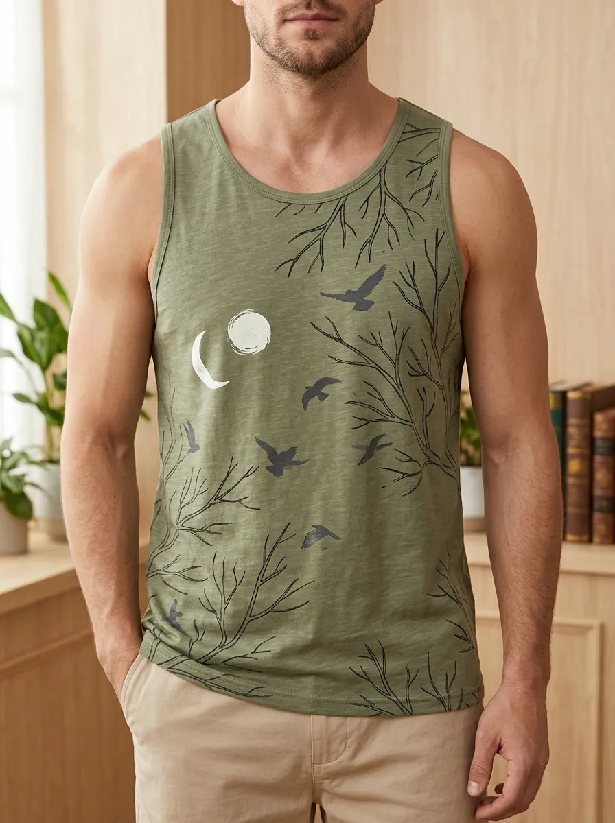 Men's Nature Moon Birds Tree Tank Top