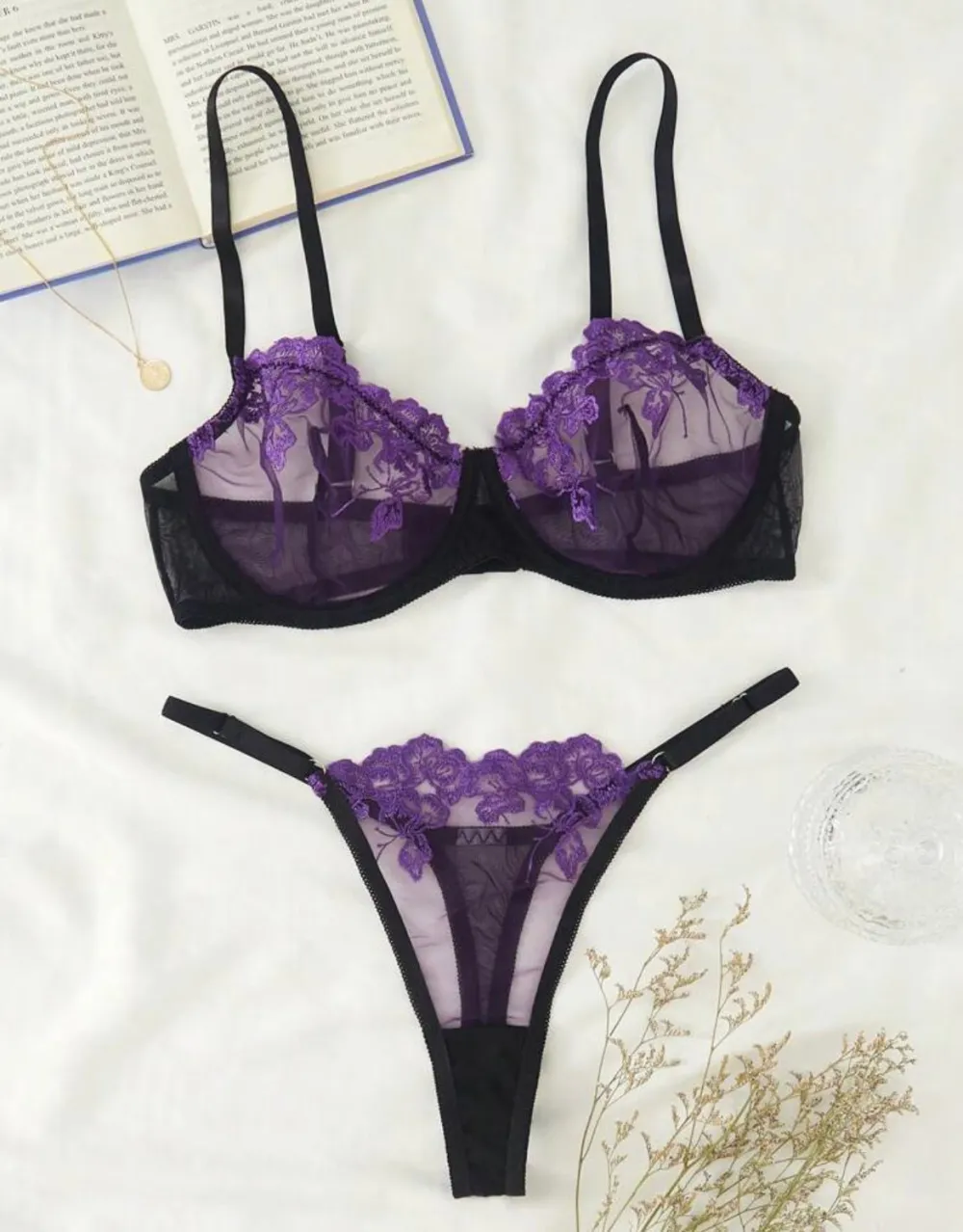 Embroidered Mesh Lingerie Set