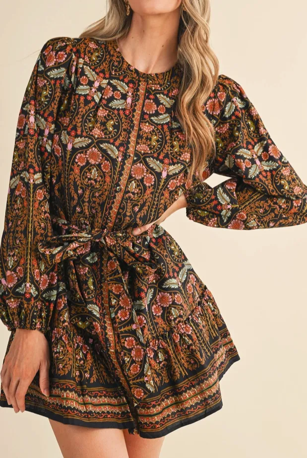 Black Floral Button Down Belted Dress