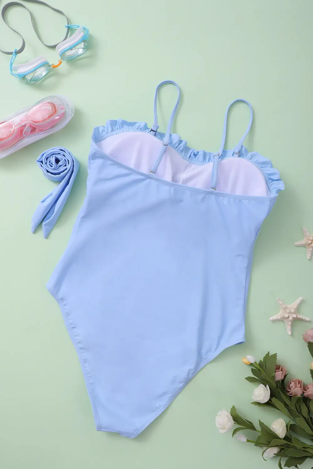 Frill Neck Waist Sash Spaghetti Straps One-piece Swimwear