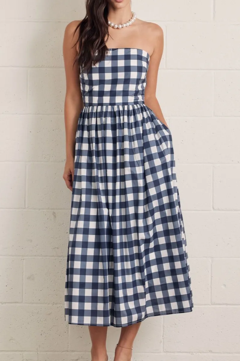 Gingham Strapless Pocket Midi Dress