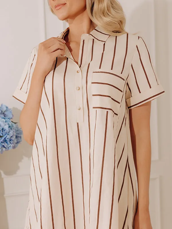 Button-Front Striped V-Neck Short Sleeve A-Line Mini Dress