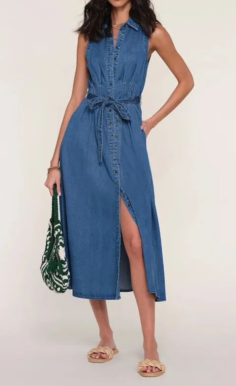 Women's Blue Denim Belted Midi Shirt Dress