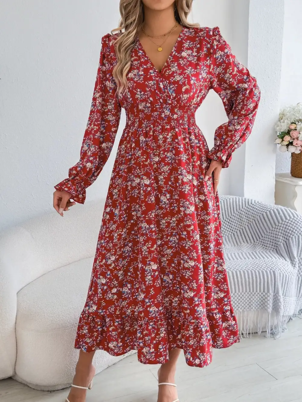 Clean Line Floral V Neck Ruffle Dress