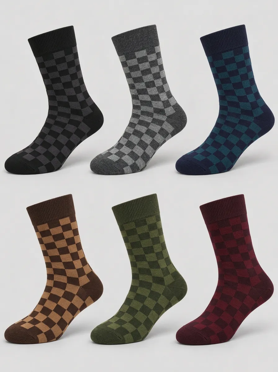 Men's Unisex Classic Checkered Pattern Printed Crew Socks 6-Pack
