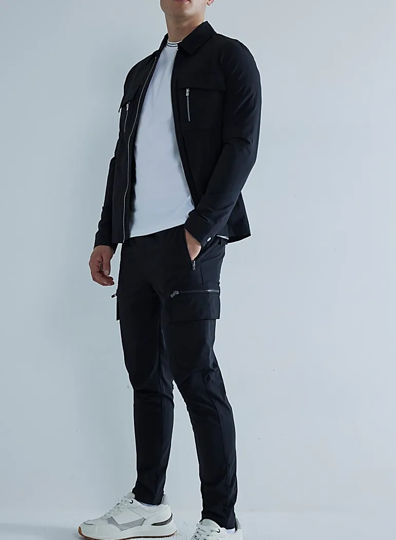 Black Tight Fit Large Capacity Pocket Stretch Cargo Men's Trousers