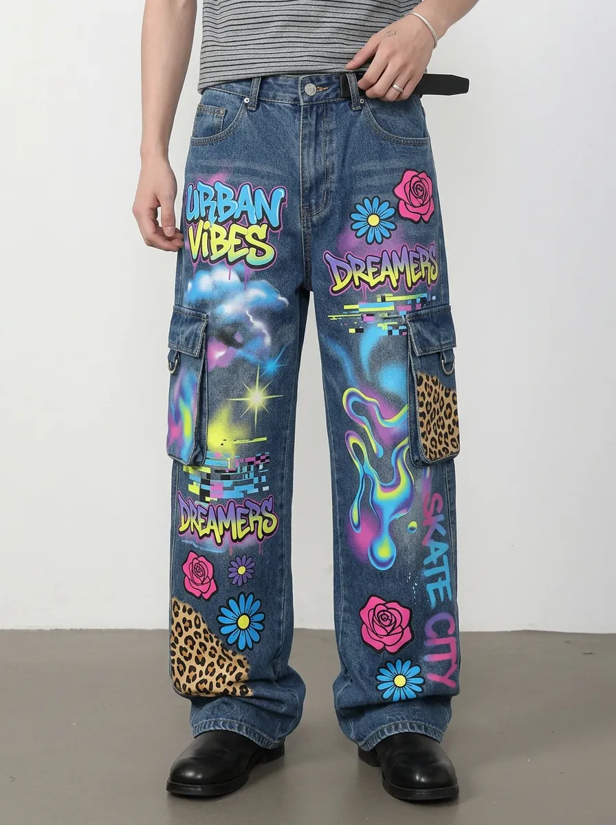 Men's Streetwear Graffiti Leopard Flower Graphic Cargo Jeans