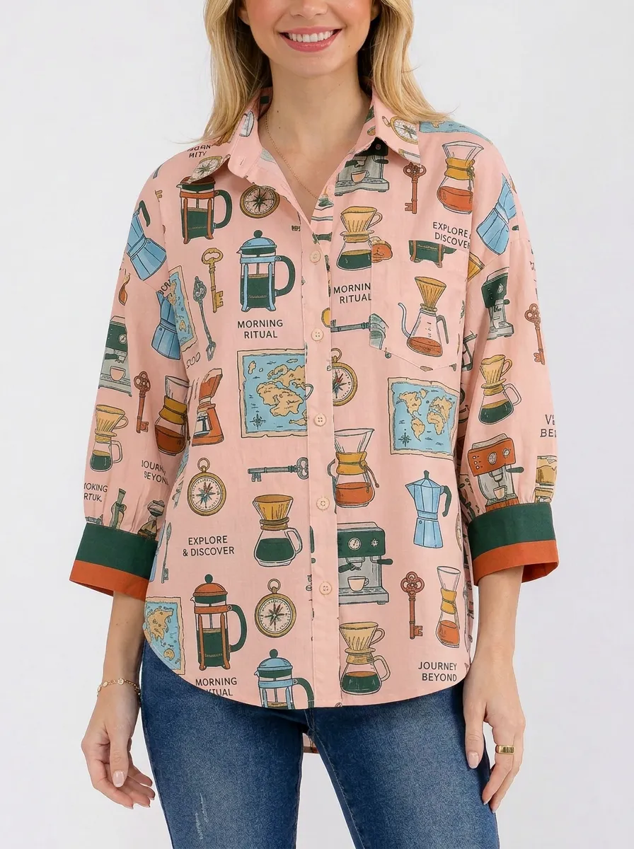 Women's Coffee Travel Map Graphic Button-Up Shirt
