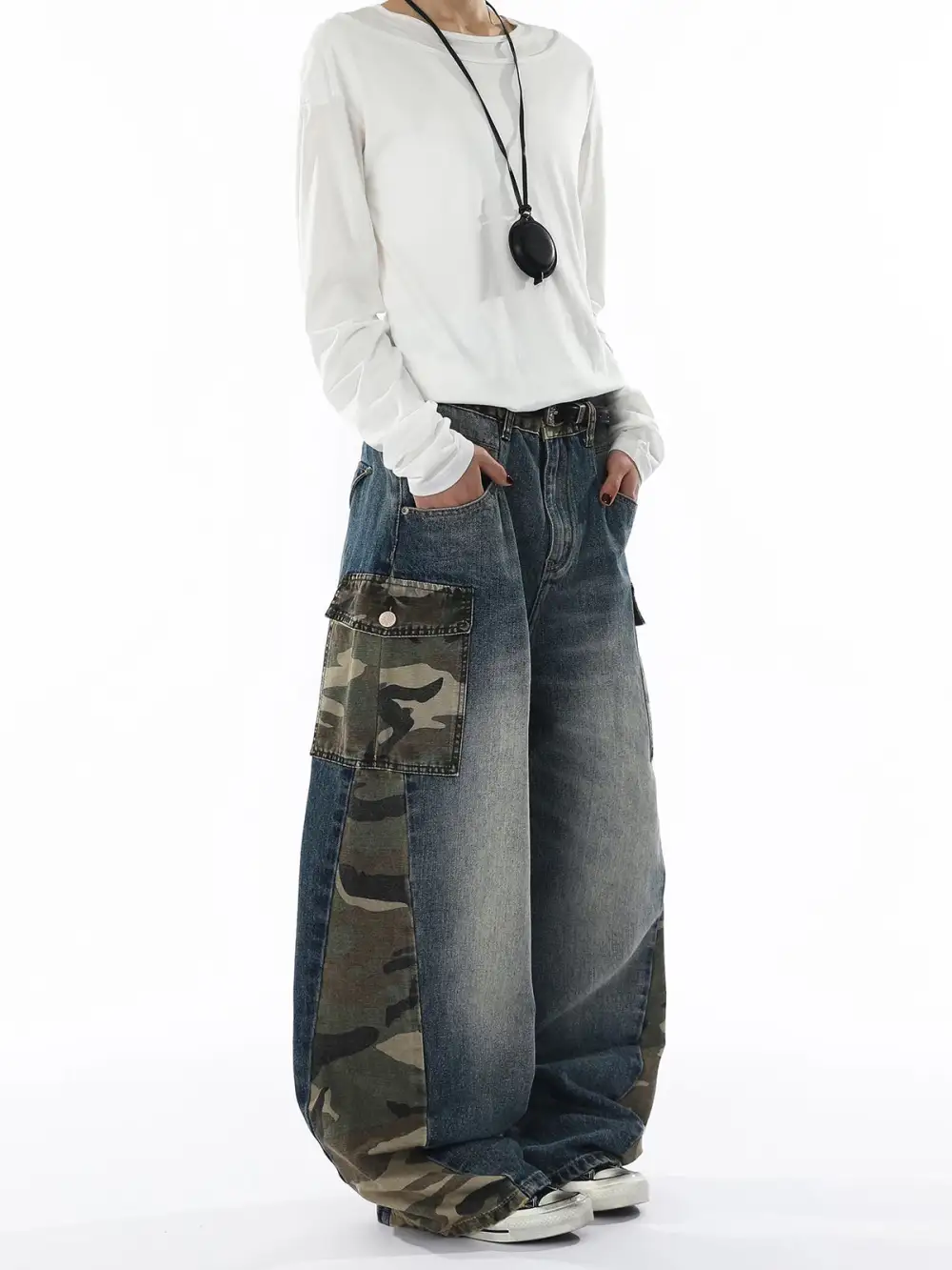 Curved-Cut Camouflage Contrast-Detail Jeans