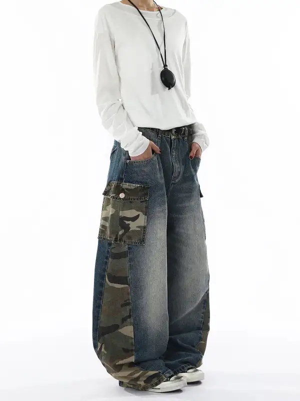 Curved-Cut Camouflage Contrast-Detail Jeans