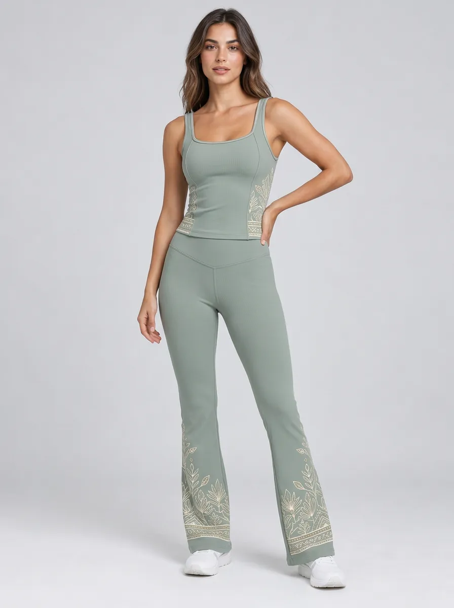Women's Yoga Fitness Botanical Leaf Printed Ribbed Set
