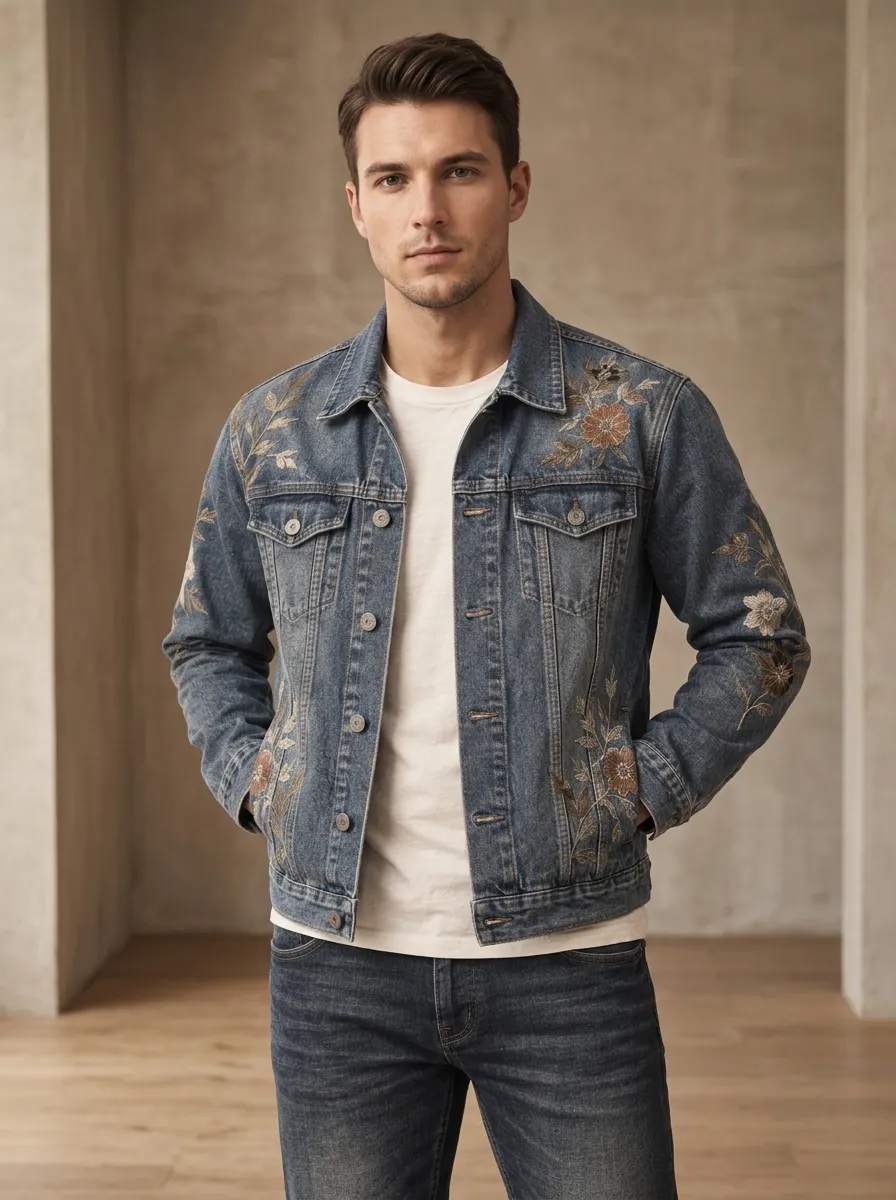 Men's Artful Look Floral Vintage Inspired Denim Jacket