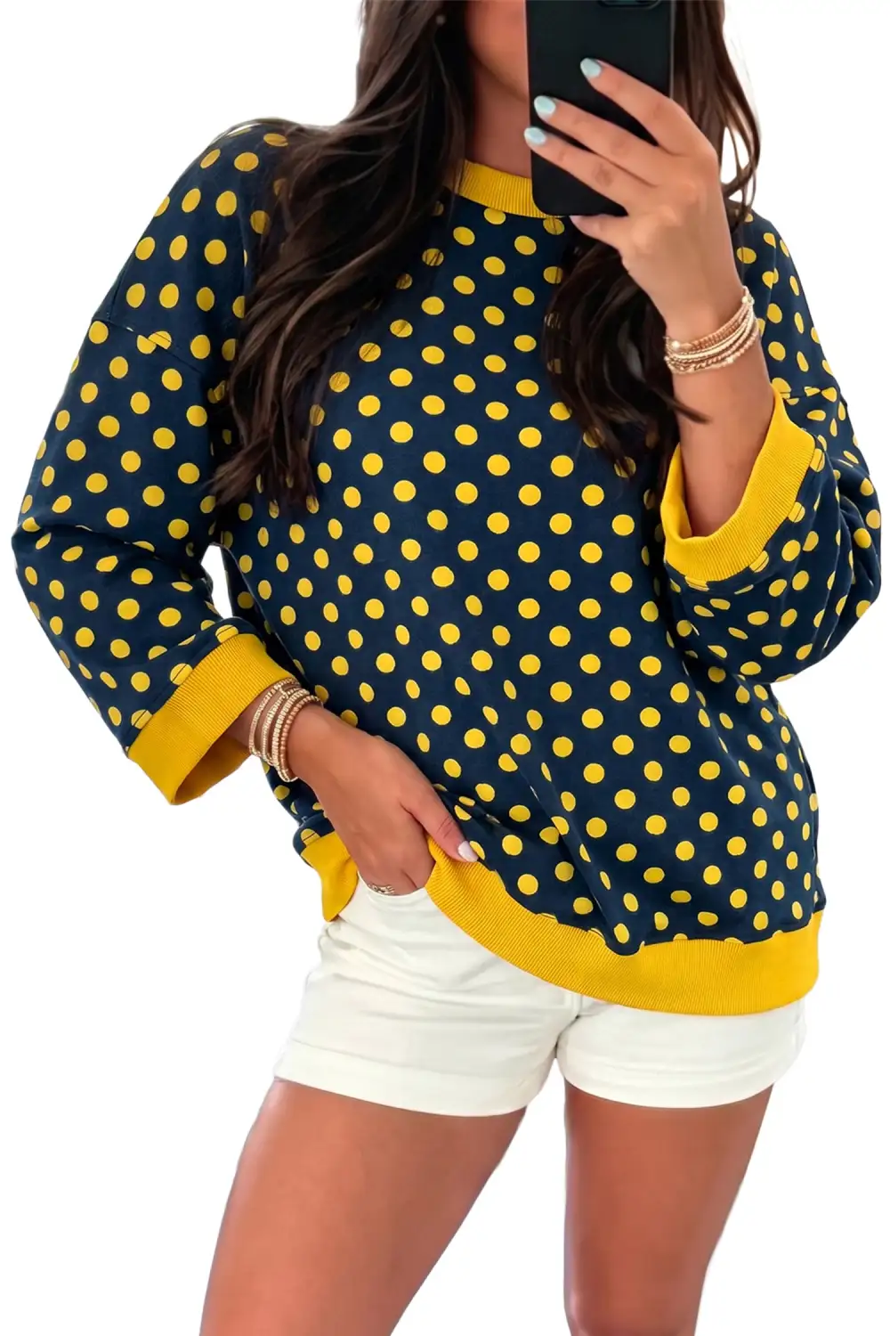 Refined Polka Dot Round Neck Contrast Trim Relaxed Bracelet Sleeve Top