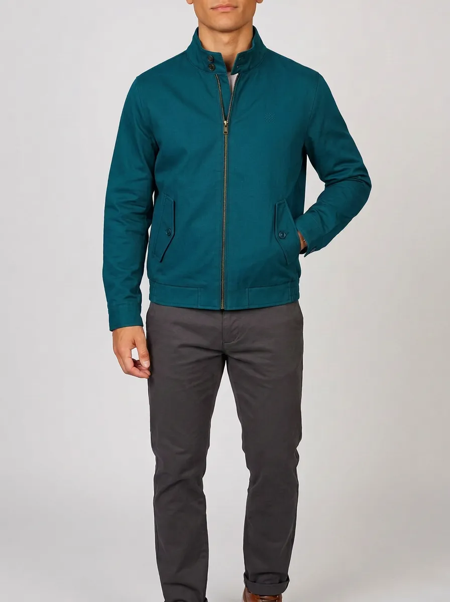 Men's Casual Olive Green Stand Collar Zip-Up Jacket