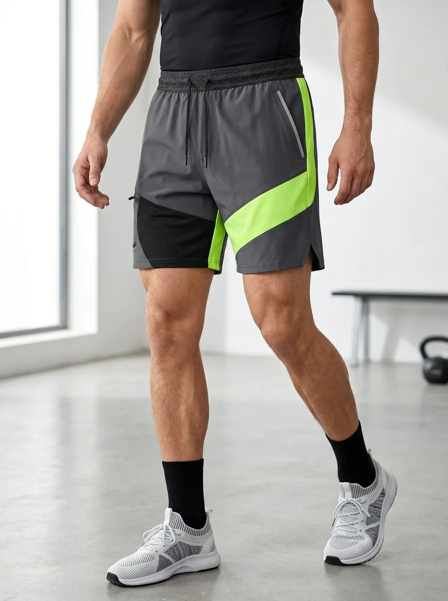 Men's Fitness Gym Neon Green Colorblock Mesh Panel Athletic Shorts