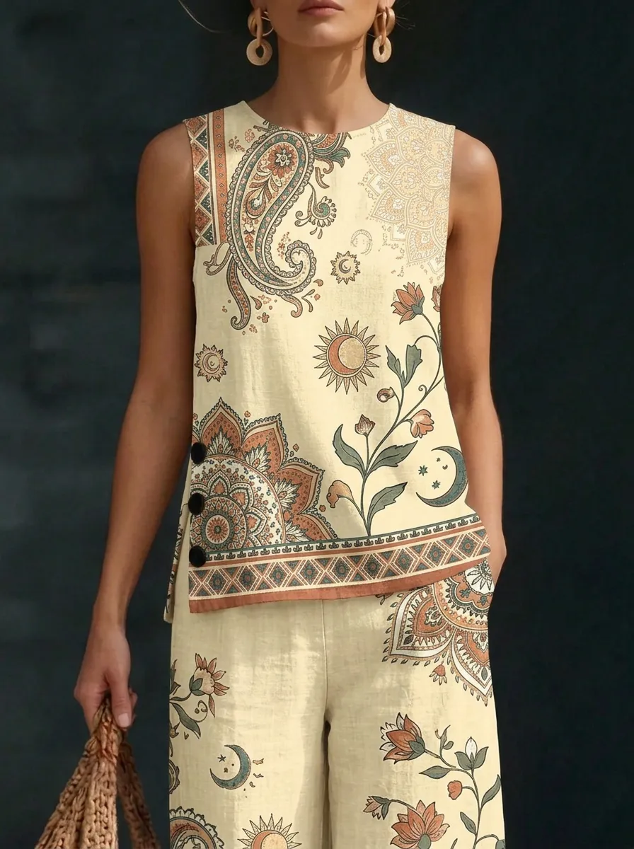 Women's Boho Paisley Floral Sun Moon Printed Sleeveless Set