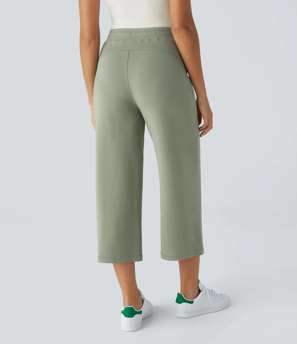 High Waisted Drawstring Capri Work Wide Leg Pants