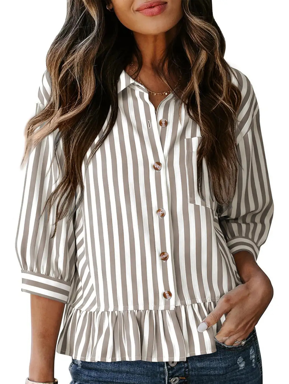 Stripe Button Three Quarter Sleeve Shirt