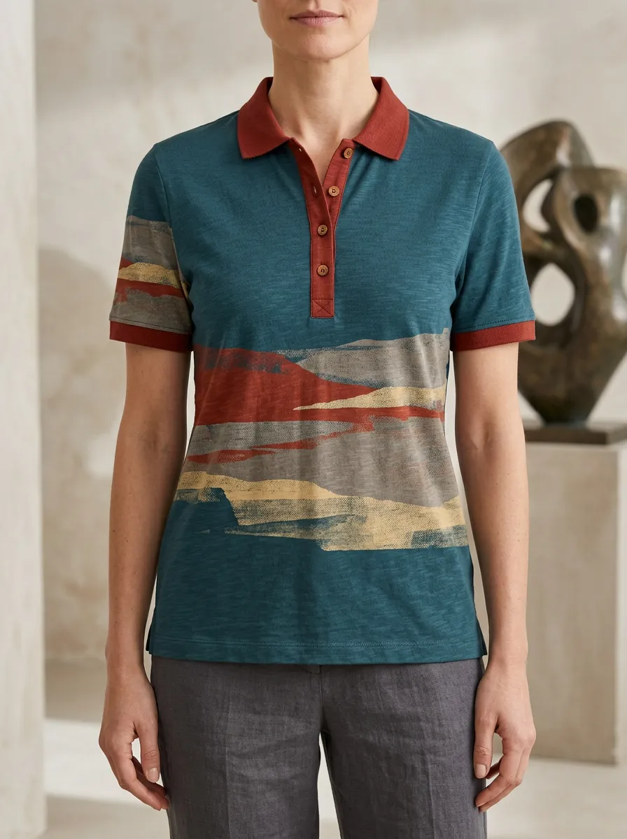 Women's Abstract Landscape Pattern Printed Polo Shirt