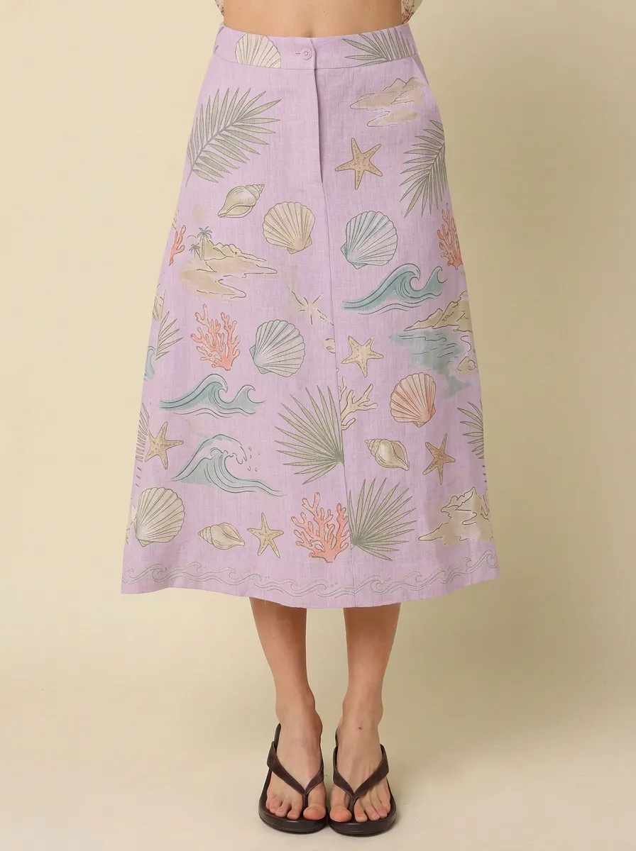 Women's Coastal Seashell Coral Palm Printed Skirt
