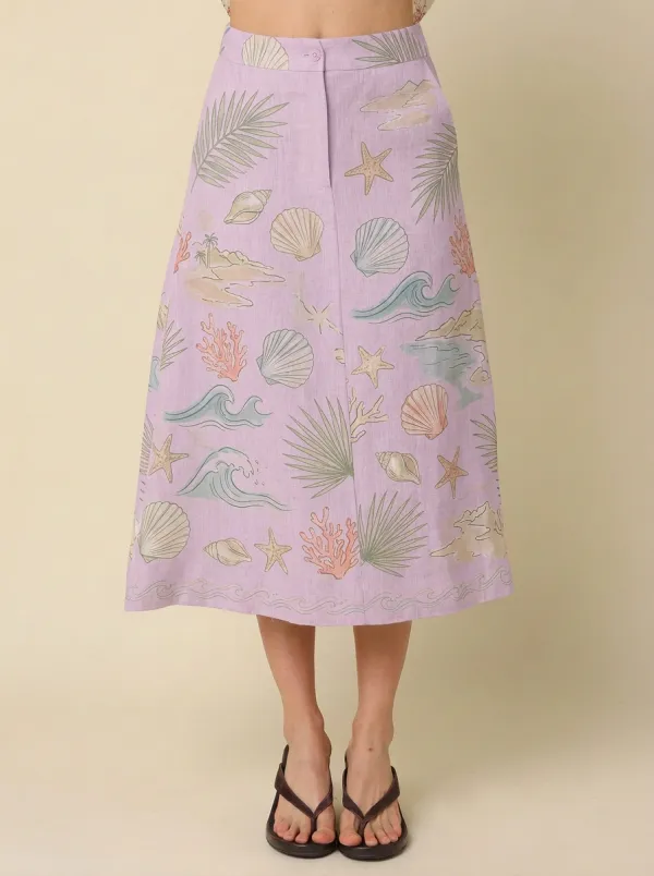 Women's Coastal Seashell Coral Palm Printed Skirt