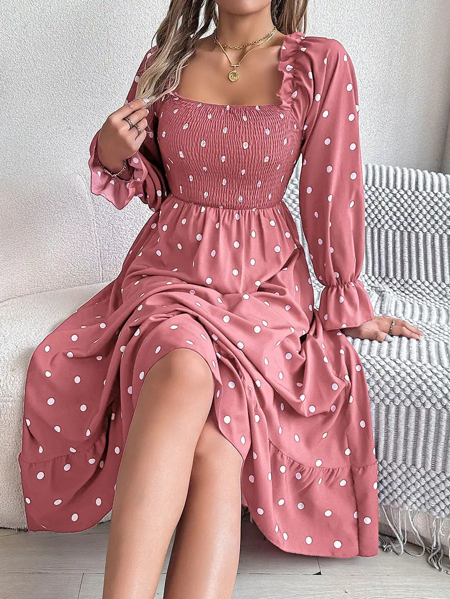 Pleated Ruffled Polka Dot Long Neck Shirt