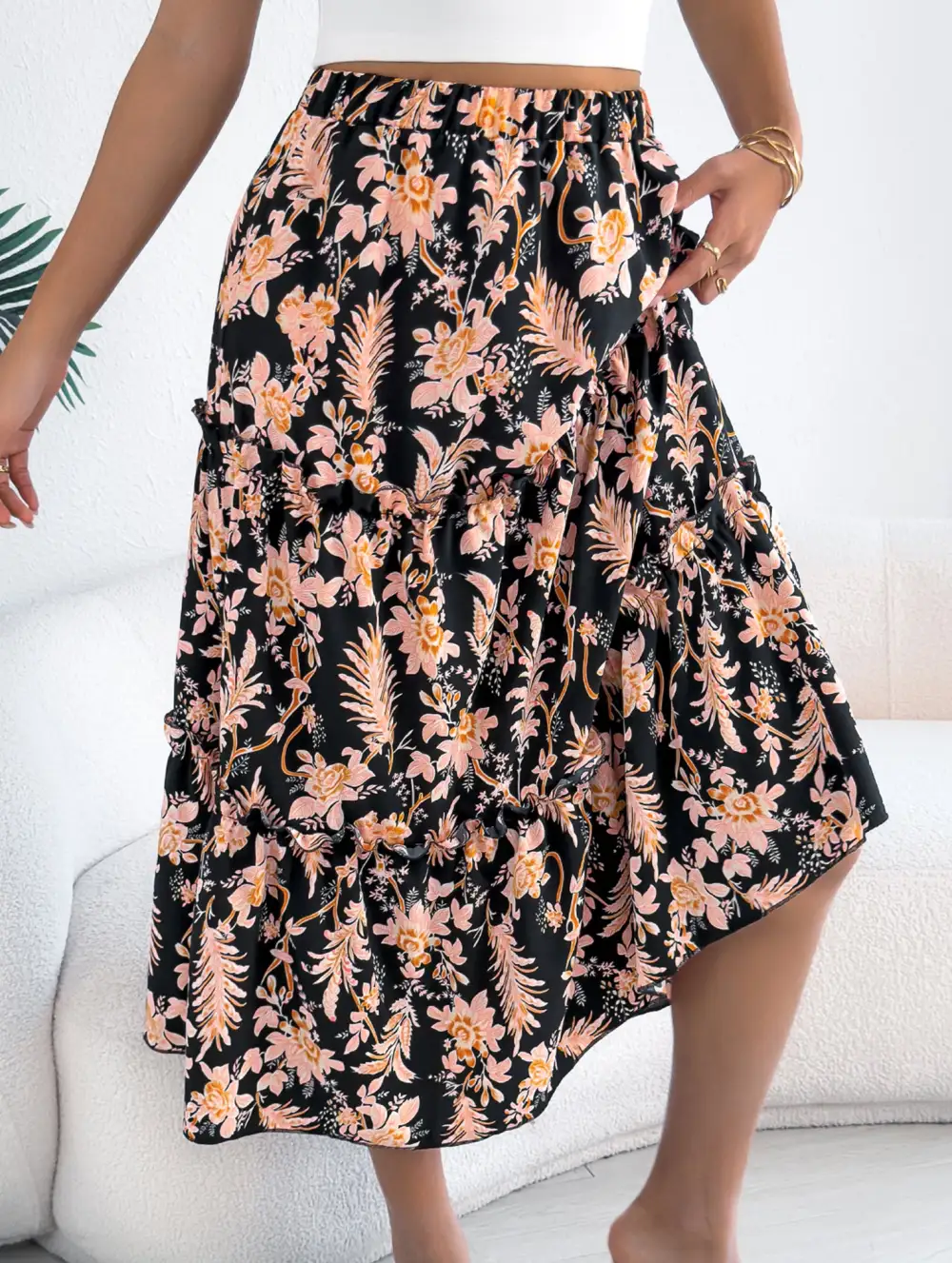 Floral Ruffle Midi Skirt