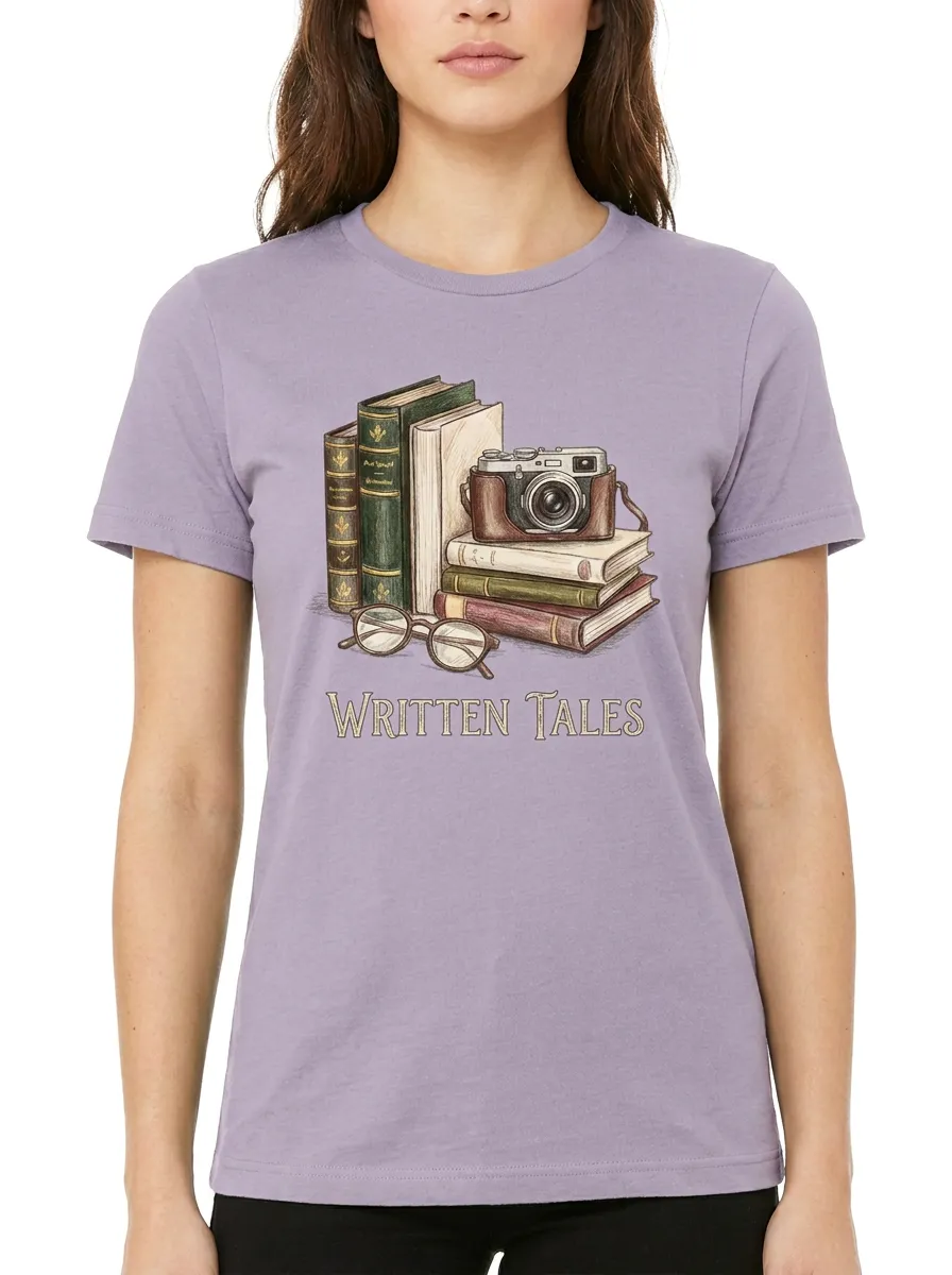 Women's Book Written Tales Vintage Camera Graphic T-Shirt