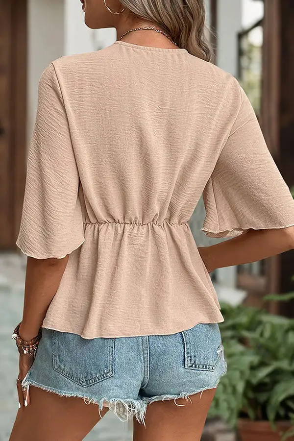 Color V Neck Knot Front Casual Tops