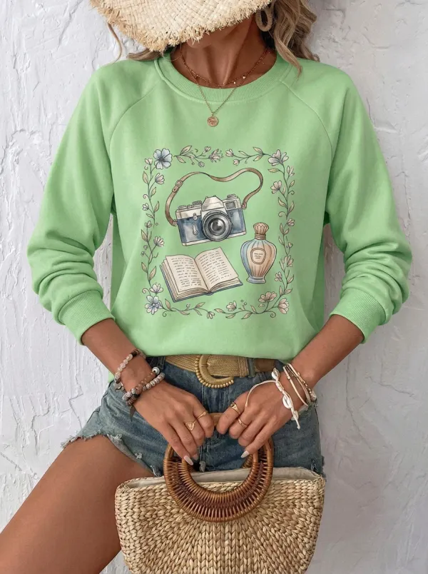 Women's Vintage Hobby Camera Book Perfume Floral Printed Sweatshirt