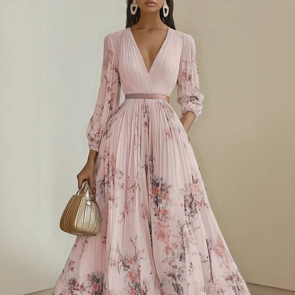  Pleated V Neck Maxi Dress