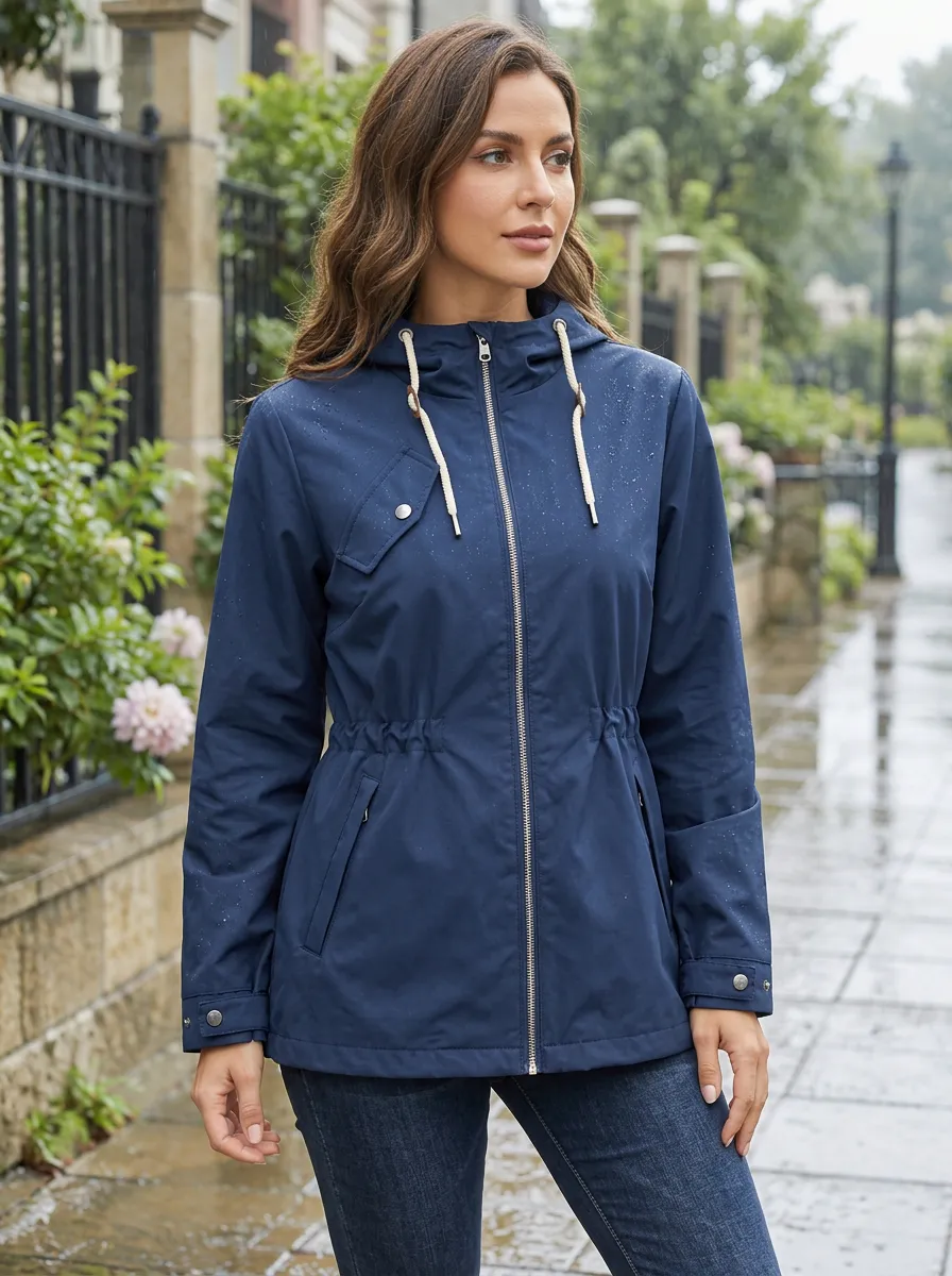 Women's Navy Blue Hooded Waterproof Rain Jacket with a Zip Front